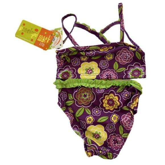 Penelope Mack Purple And Lime Floral 2 Piece Toddler Girls SwimSuit 18M - Picture 3 of 6